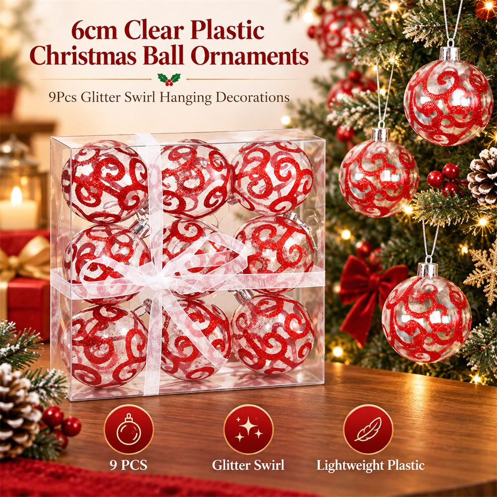 9Pcs 6cm Clear Plastic Christmas Ball Ornaments, Glitter Swirl Shatter-Resistant Hanging Baubles with Strings for Christmas Tree, Wreath, Garland & Holiday Decorations
