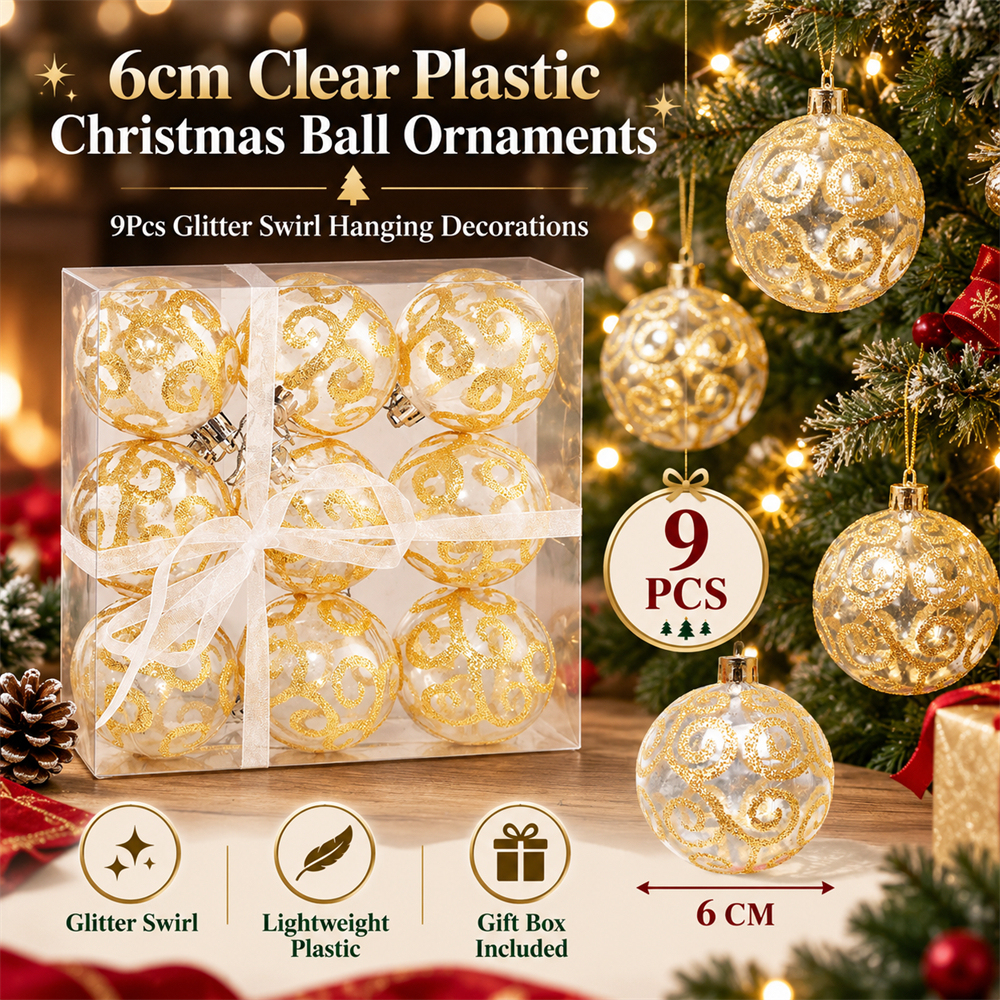 9Pcs 6cm Clear Plastic Christmas Ball Ornaments, Glitter Swirl Shatter-Resistant Hanging Baubles with Strings for Christmas Tree, Wreath, Garland & Holiday Decorations