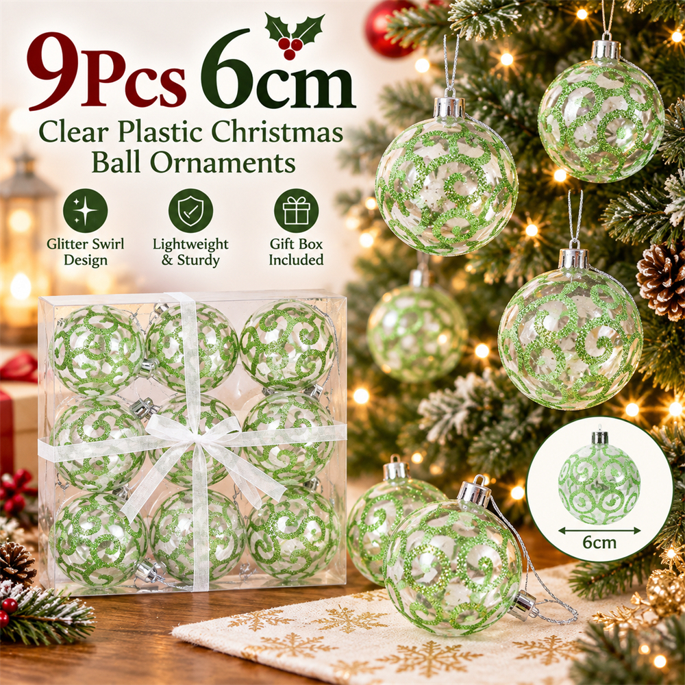 9Pcs 6cm Clear Plastic Christmas Ball Ornaments, Glitter Swirl Shatter-Resistant Hanging Baubles with Strings for Christmas Tree, Wreath, Garland & Holiday Decorations
