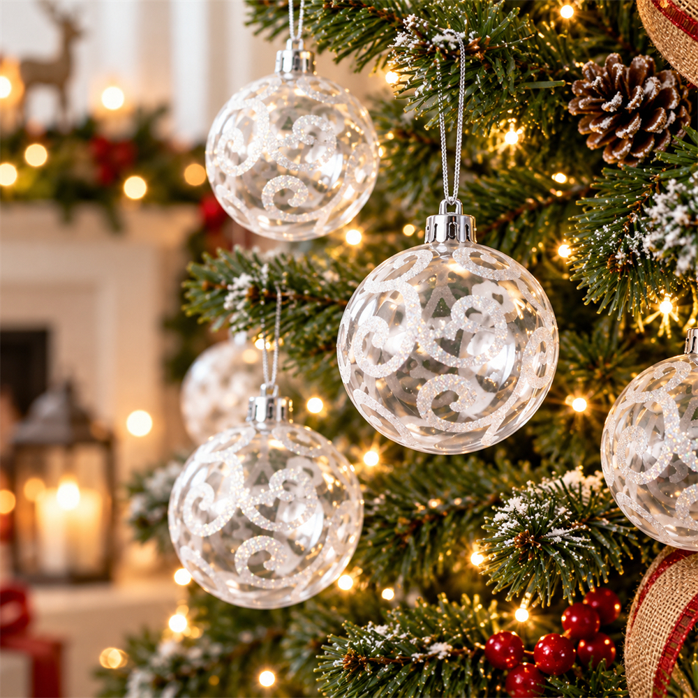 9Pcs 6cm Clear Plastic Christmas Ball Ornaments, Glitter Swirl Shatter-Resistant Hanging Baubles with Strings for Christmas Tree, Wreath, Garland & Holiday Decorations