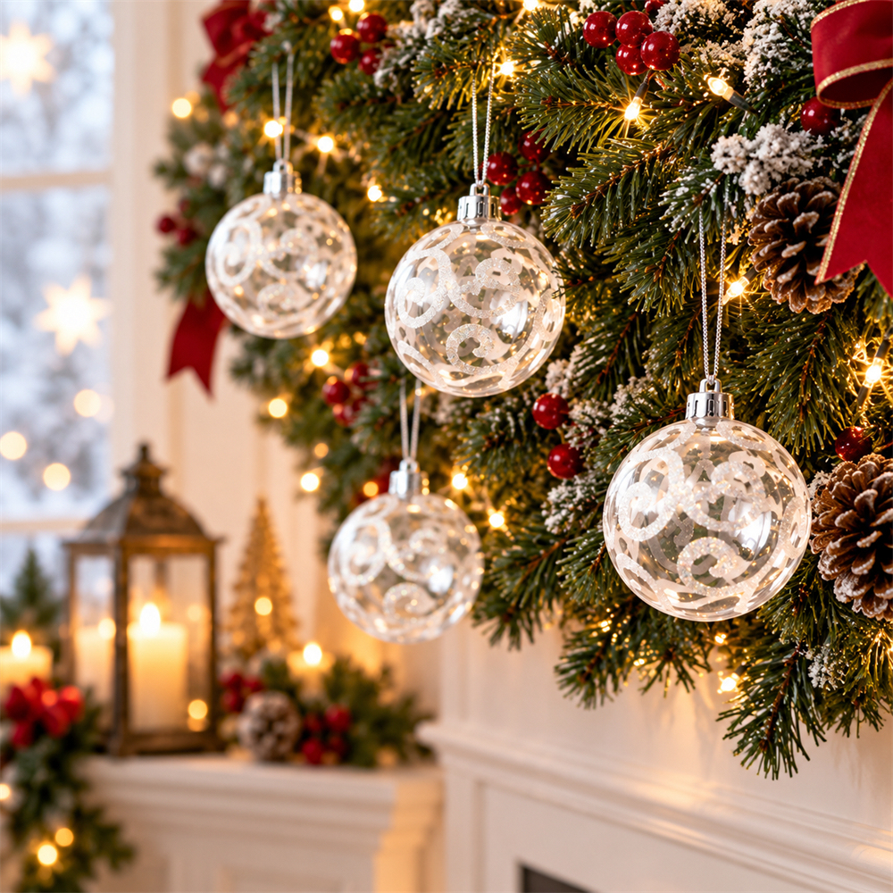 9Pcs 6cm Clear Plastic Christmas Ball Ornaments, Glitter Swirl Shatter-Resistant Hanging Baubles with Strings for Christmas Tree, Wreath, Garland & Holiday Decorations
