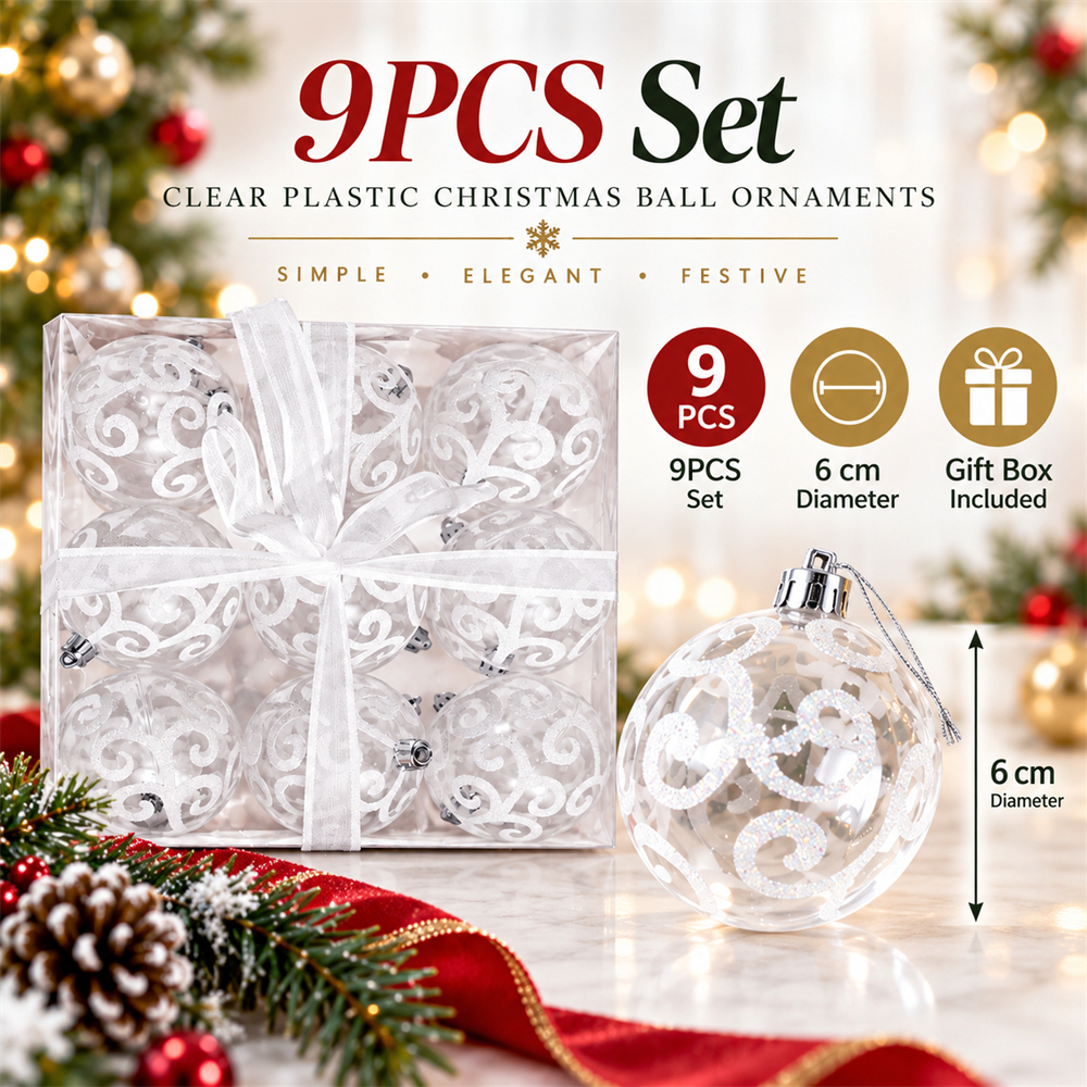 9Pcs 6cm Clear Plastic Christmas Ball Ornaments, Glitter Swirl Shatter-Resistant Hanging Baubles with Strings for Christmas Tree, Wreath, Garland & Holiday Decorations