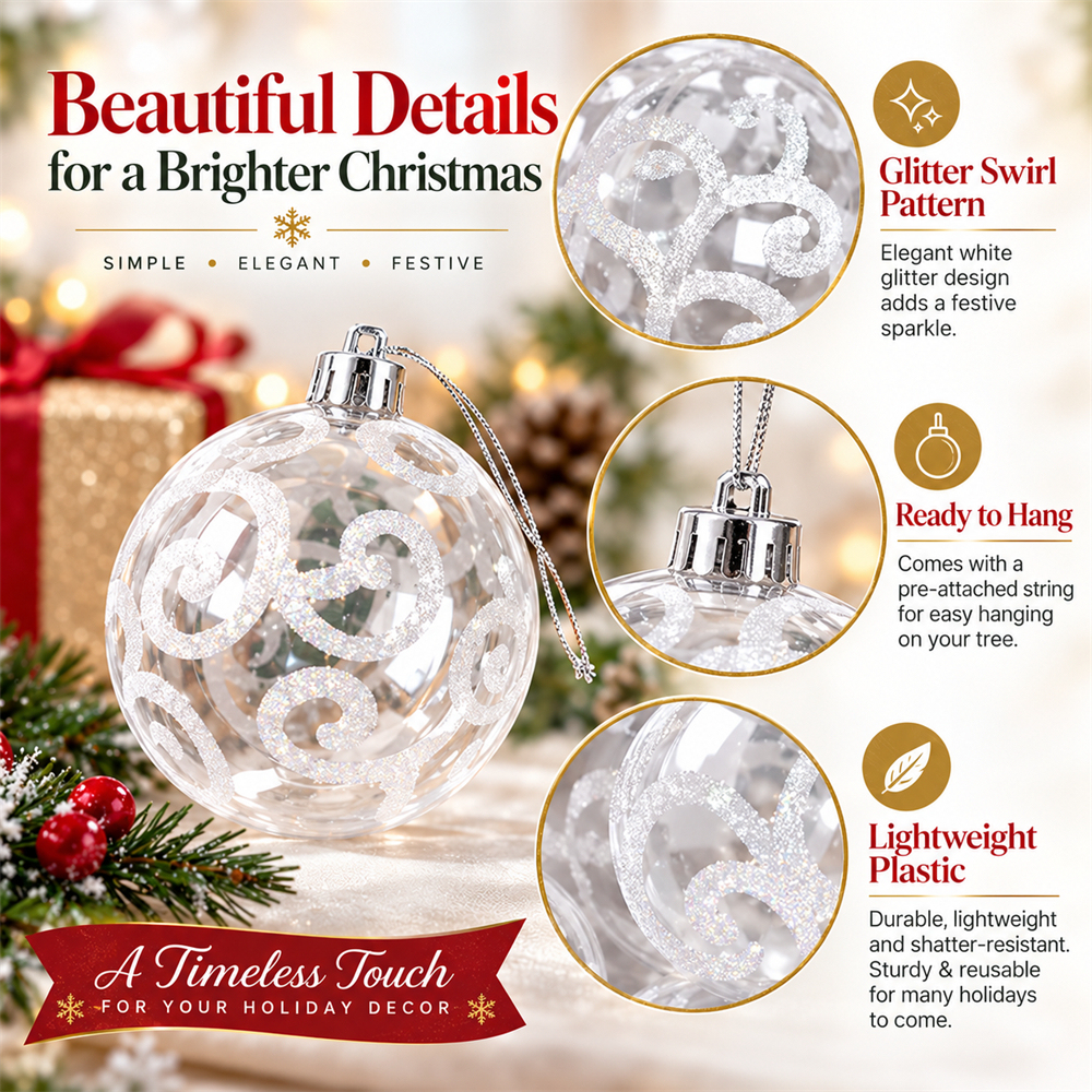 9Pcs 6cm Clear Plastic Christmas Ball Ornaments, Glitter Swirl Shatter-Resistant Hanging Baubles with Strings for Christmas Tree, Wreath, Garland & Holiday Decorations