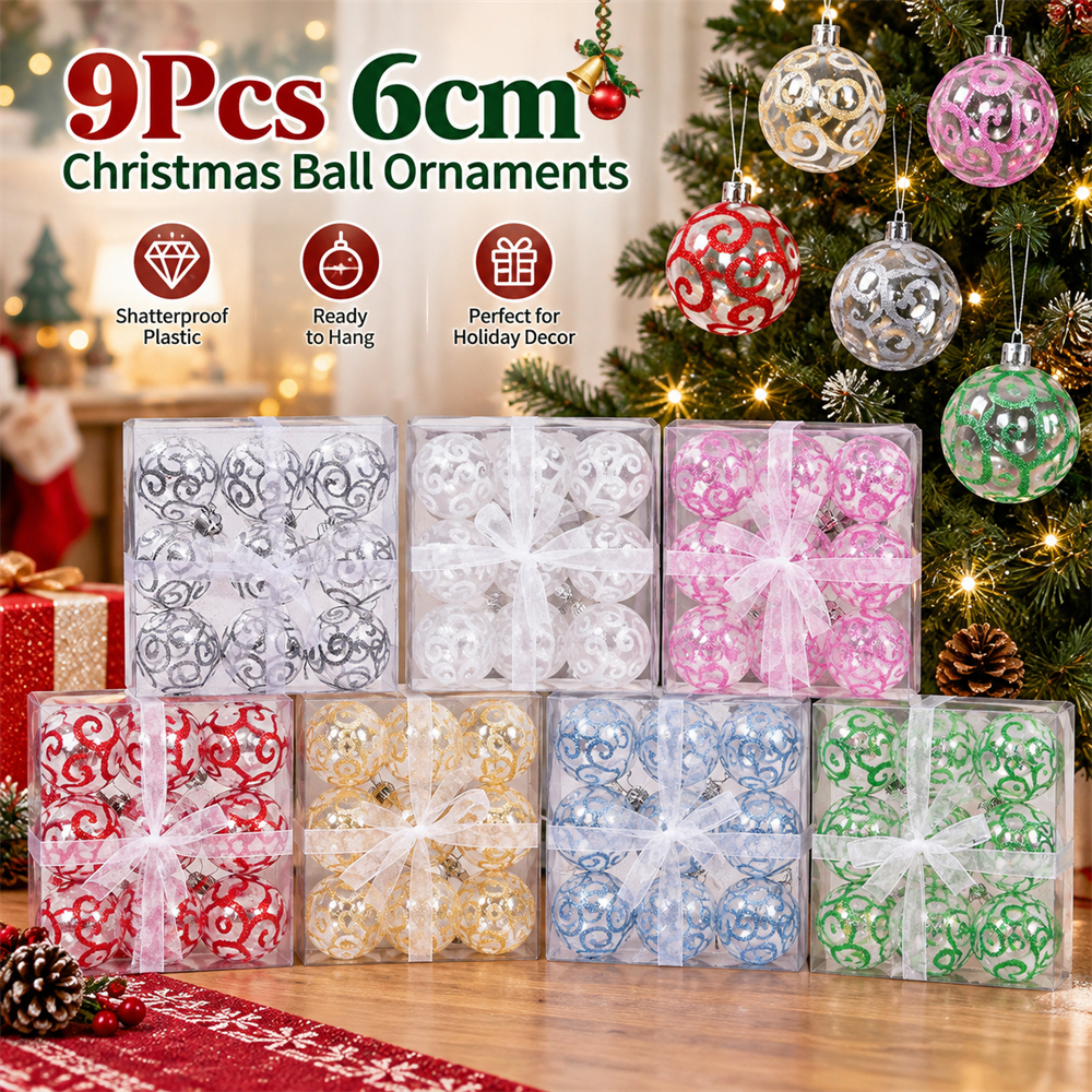 9Pcs 6cm Clear Plastic Christmas Ball Ornaments, Glitter Swirl Shatter-Resistant Hanging Baubles with Strings for Christmas Tree, Wreath, Garland & Holiday Decorations