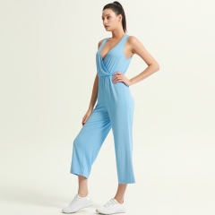 Women's Light Blue Sleeveless Backless V-Neck Tank Jumpsuit