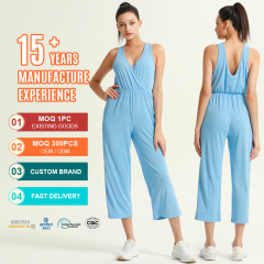 Women's Light Blue Sleeveless Backless V-Neck Tank Jumpsuit
