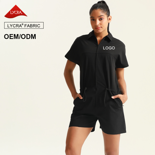 Polo-style zippered jumpsuit shorts.