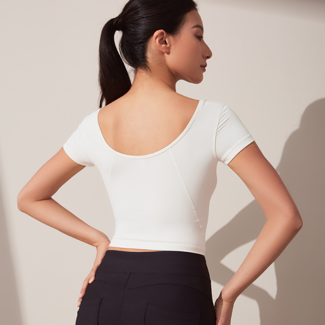 Women's high elastic low neckline tight short sleeves