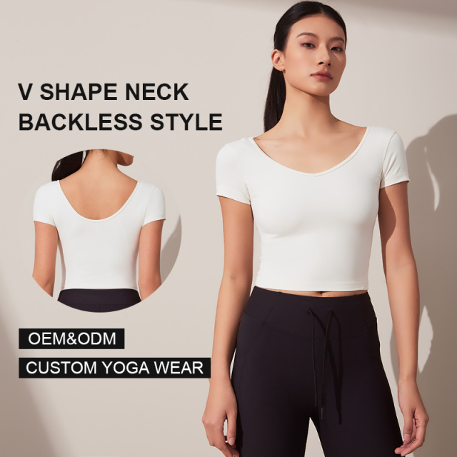 Women's high elastic low neckline tight short sleeves