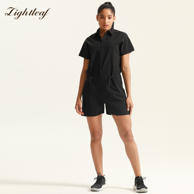 Polo-style zippered jumpsuit shorts.