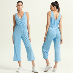 Women's Light Blue Sleeveless Backless V-Neck Tank Jumpsuit