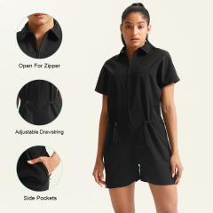 Polo-style zippered jumpsuit shorts.