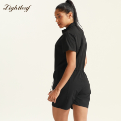 Polo-style zippered jumpsuit shorts.