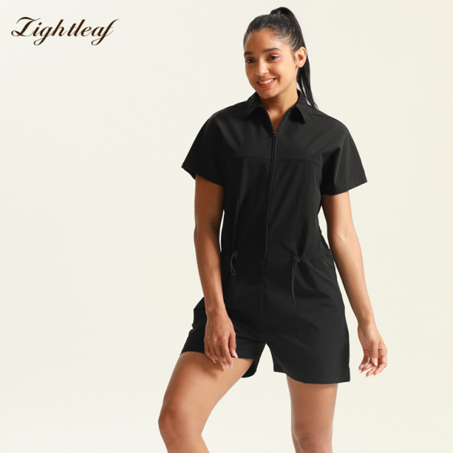 Polo-style zippered jumpsuit shorts.
