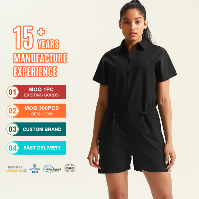 Polo-style zippered jumpsuit shorts.