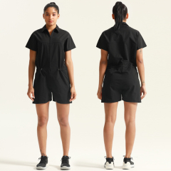 Polo-style zippered jumpsuit shorts.