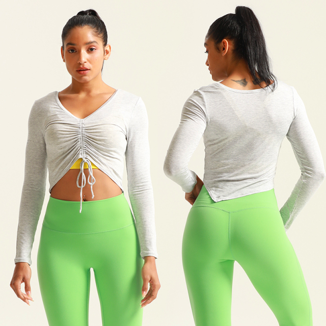 Women's Chest Pleated V Neck Gym Fitness Long Sleeve Shirts