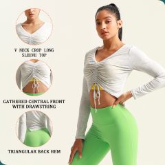 Women's Chest Pleated V Neck Gym Fitness Long Sleeve Shirts