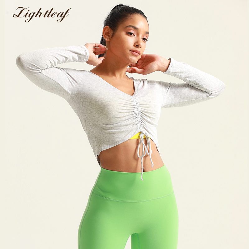 Women's Chest Pleated V Neck Gym Fitness Long Sleeve Shirts