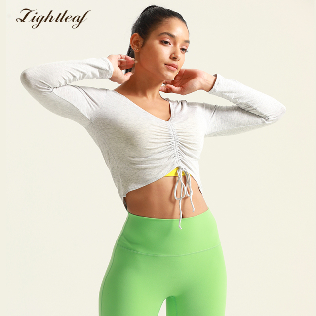 Women's Chest Pleated V Neck Gym Fitness Long Sleeve Shirts