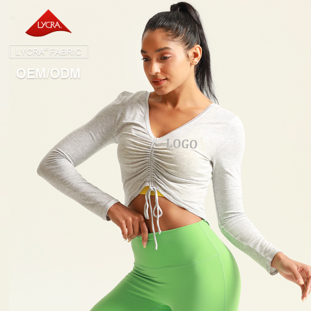 Women's Chest Pleated V Neck Gym Fitness Long Sleeve Shirts