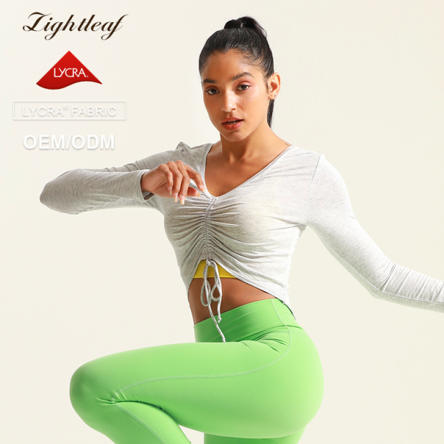 Women's Chest Pleated V Neck Gym Fitness Long Sleeve Shirts