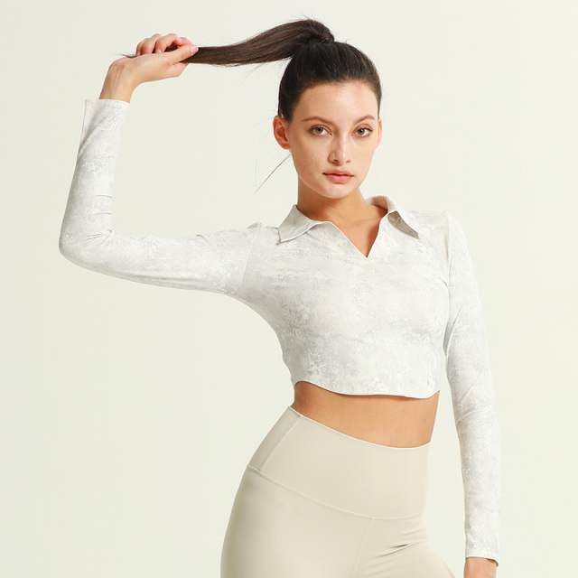 Women's Gym Fitness V Neck  Long Sleeve Crop Top Shirts