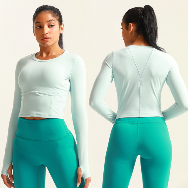 Women's Crew Neck Workout Long Sleeve Workout Shirts With Thumb Hole