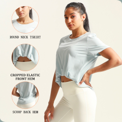 Women's Running Gym Fitness Short Sleeve Cropped Front Hem Sport T-Shirt