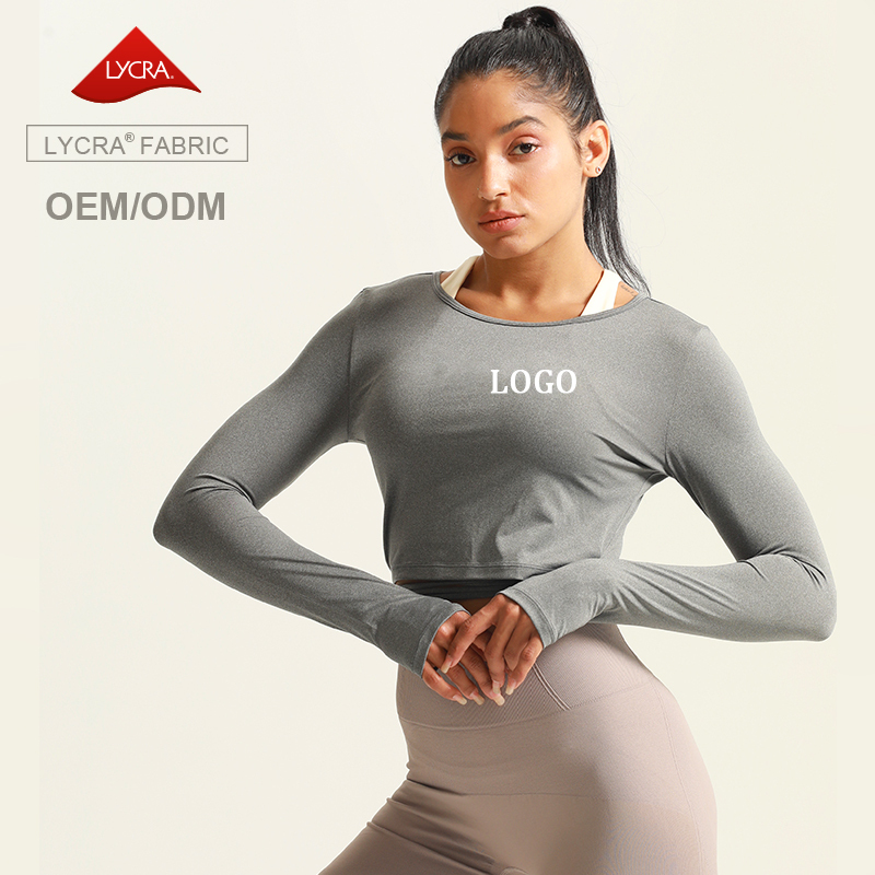 Women's Crew Neck Workout Long Sleeve Crop Tops With Thumb Hole