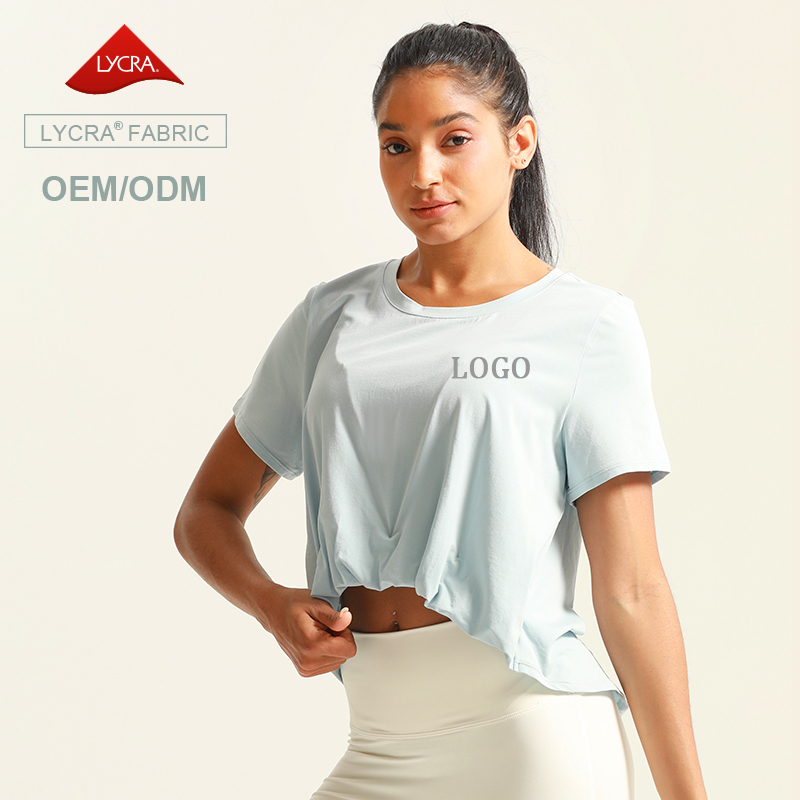 Women's Running Gym Fitness Short Sleeve Cropped Front Hem Sport T-Shirt