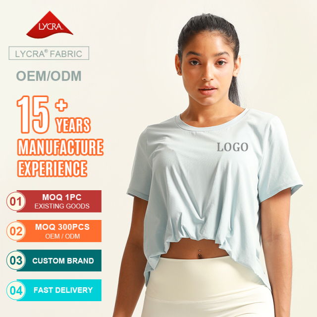 Women's Running Gym Fitness Short Sleeve Cropped Front Hem Sport T-Shirt