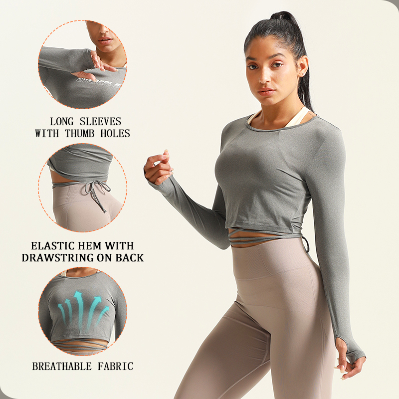 Women's Crew Neck Workout Long Sleeve Crop Tops With Thumb Hole