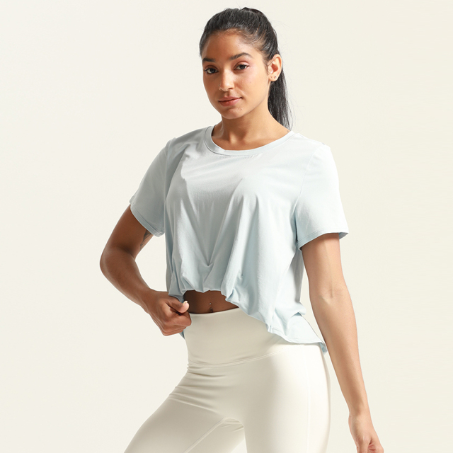 Women's Running Gym Fitness Short Sleeve Cropped Front Hem Sport T-Shirt