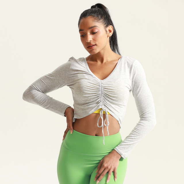 Women's Chest Pleated V Neck Gym Fitness Long Sleeve Shirts