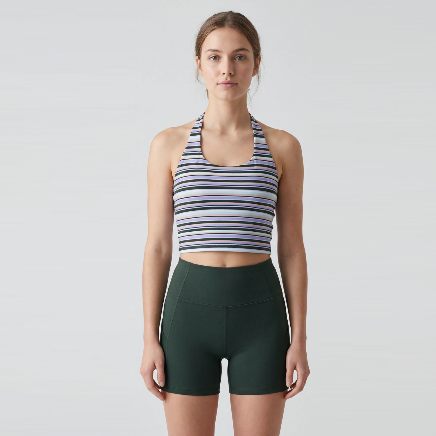 Women's Striped Halte Neck Yoga Shorts Set