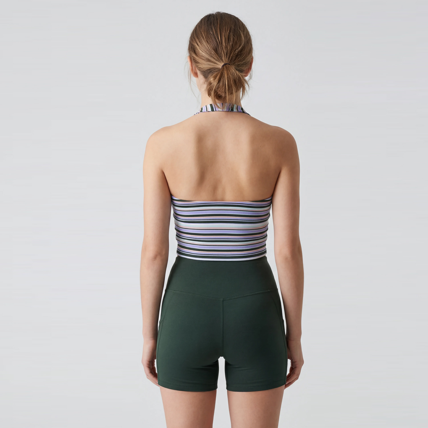 Women's Striped Halte Neck Yoga Shorts Set