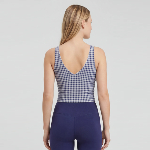 Women's Blue Gingham Deep V-Neck Athletic Tank