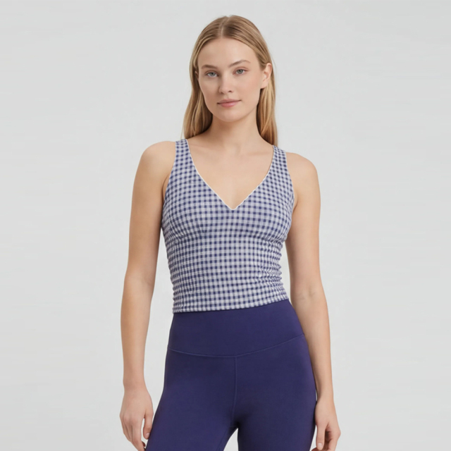 Women's Blue Gingham Deep V-Neck Athletic Tank