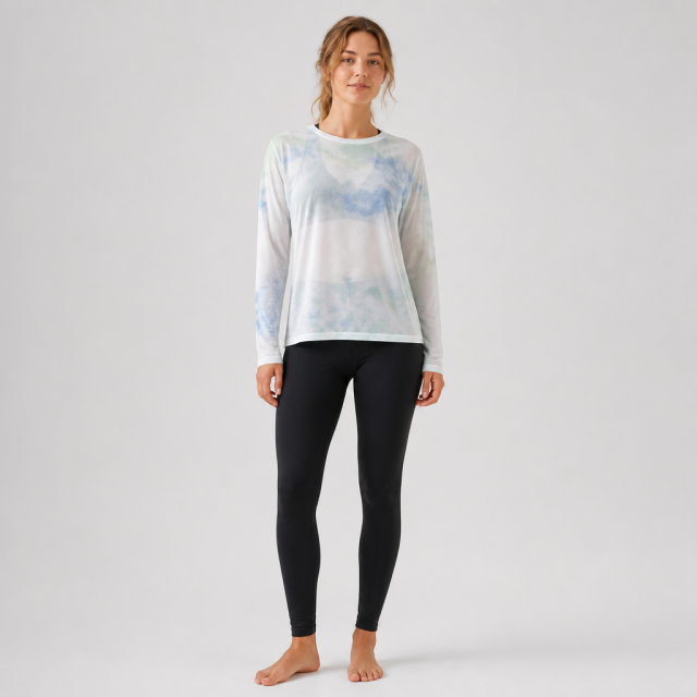 Women's Breathable Crew Neck Long Sleeve Back Slit Printed Cover up Sports Shirt