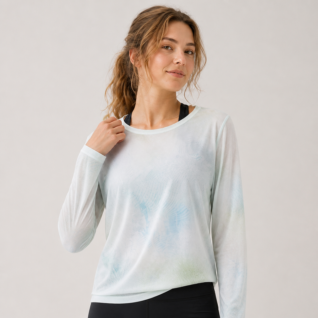 Women's Breathable Crew Neck Long Sleeve Back Slit Printed Cover up Sports Shirt