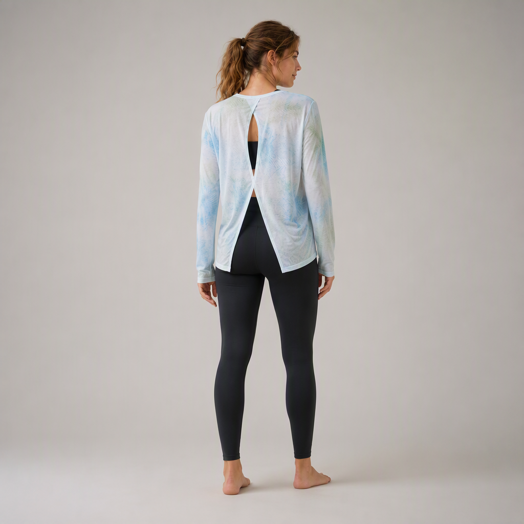 Women's Breathable Crew Neck Long Sleeve Back Slit Printed Cover up Sports Shirt