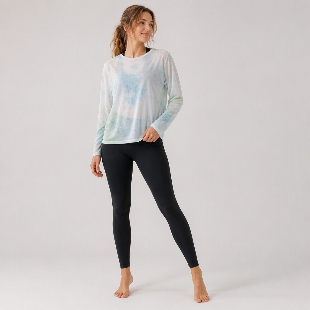 Women's Breathable Crew Neck Long Sleeve Back Slit Printed Cover up Sports Shirt