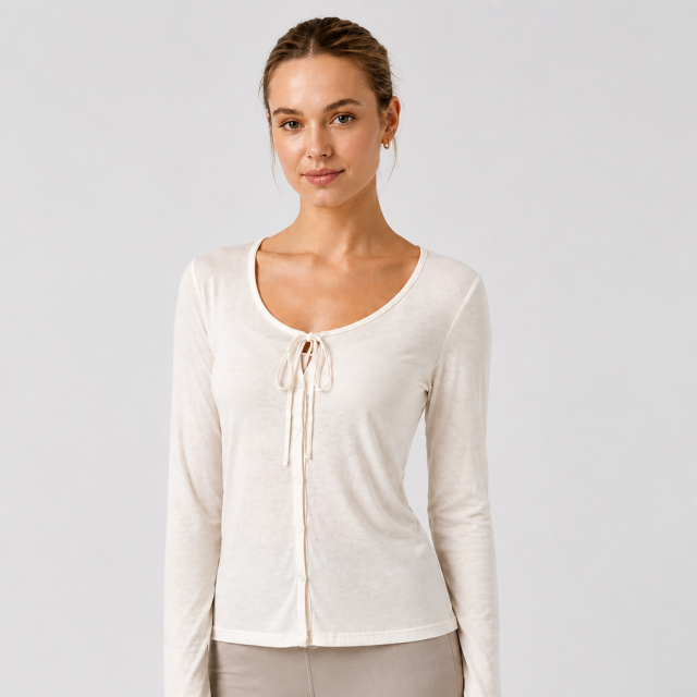 Women's Button Front Crew Neck Long Sleeve Cover up Yoga Shirts