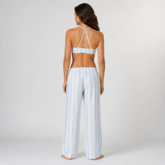 Light Blue Wide Striped Printed Women's High Waist Wide Leg Pants Sets
