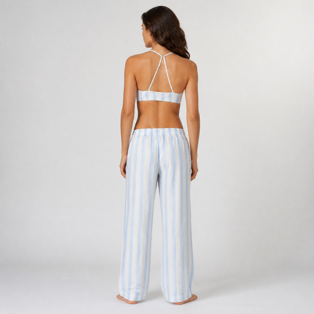 Light Blue Wide Striped Printed Women's High Waist Wide Leg Pants Sets