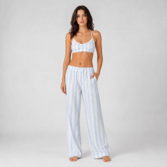 Light Blue Wide Striped Printed Women's High Waist Wide Leg Pants Sets