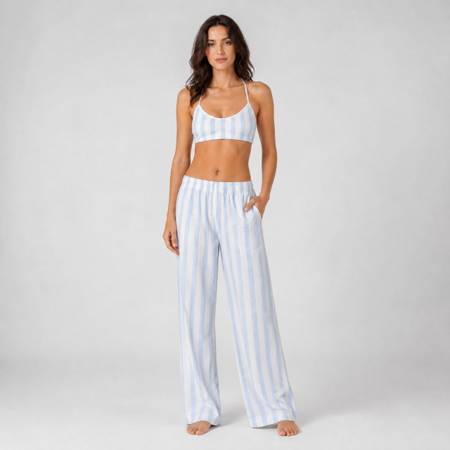 Light Blue Wide Striped Printed Women's High Waist Wide Leg Pants Sets