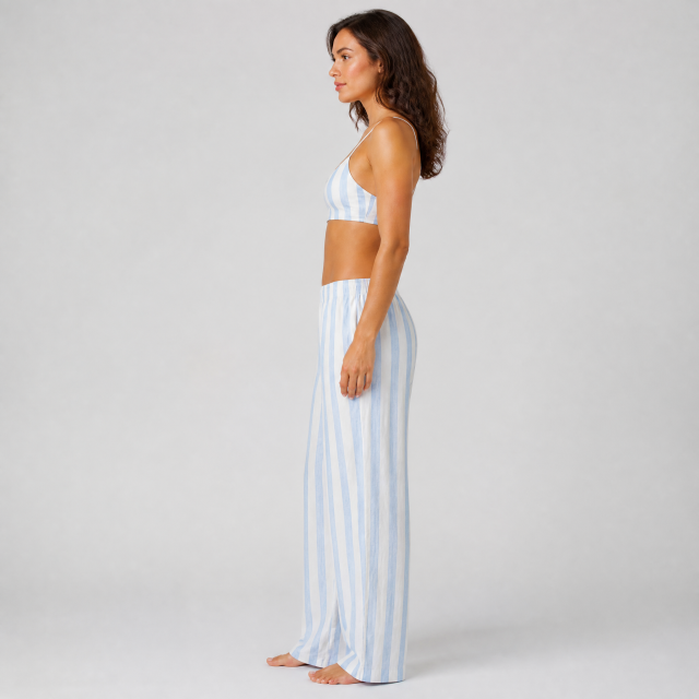 Light Blue Wide Striped Printed Women's High Waist Wide Leg Pants Sets