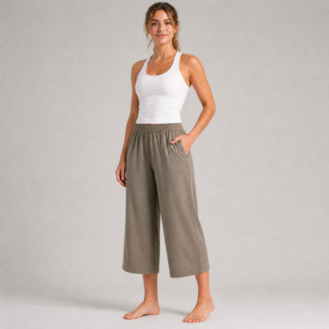 Women's High Waist Elastic Wide Leg Cropped Pants